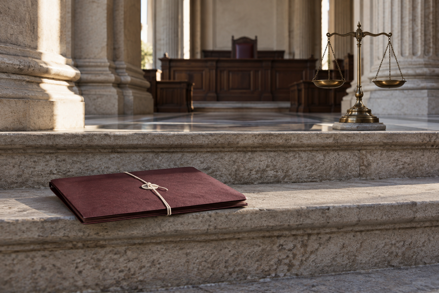 An unmarked legal case folder on the first step of a courthouse staircase, with balanced scales and an empty judge's bench in the background.
