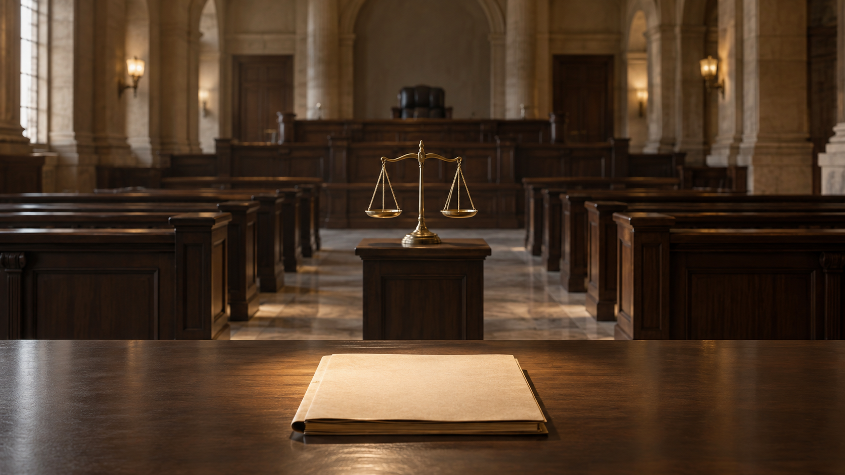 An unmarked case folder at the beginning of a courtroom pathway leading toward a distant empty judge's bench, with balanced scales midway.