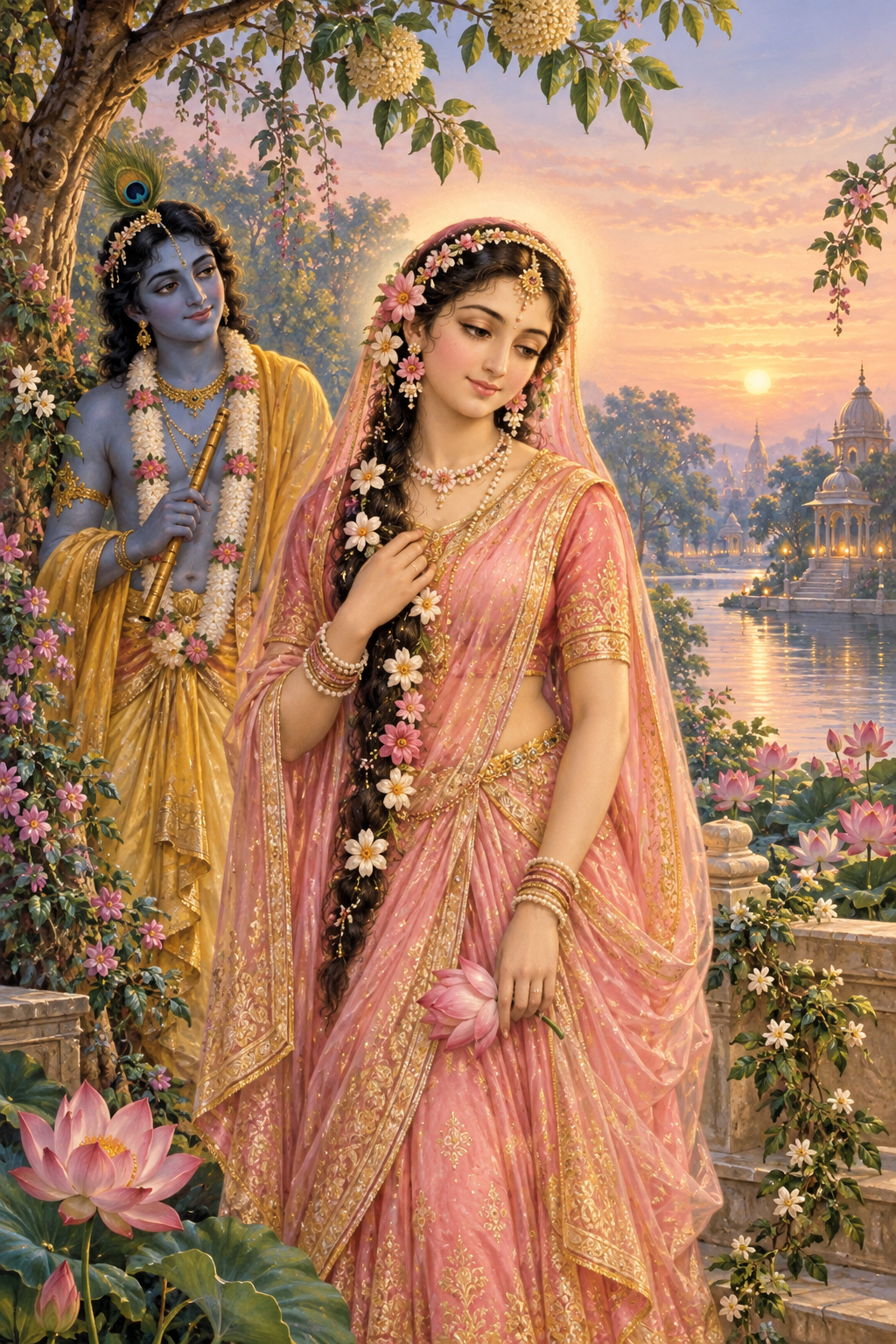 Devotional illustration of Srimati Radharani standing before Krishna in a flowering Vrindavan grove at sunrise.