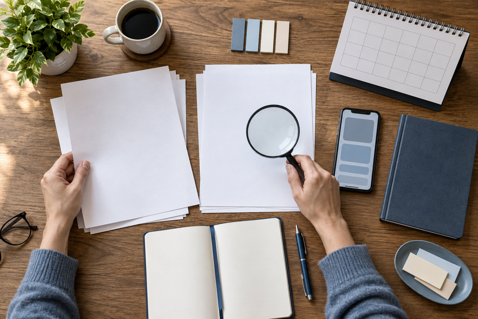 Two hands compare blank documents, a smartphone, a magnifying glass, and an open notebook on a fact-checking desk.