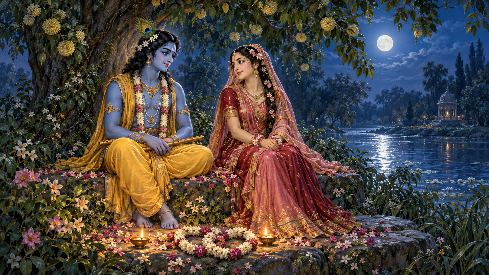 Radha and Krishna seated together beneath a flowering tree beside the moonlit Yamuna, with lamps and intertwined garlands nearby.