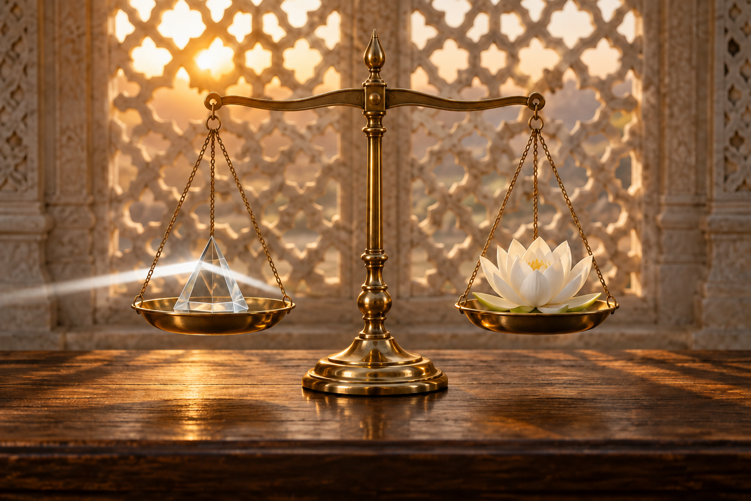 Balanced brass scales hold a clear glass prism on one side and a white lotus blossom on the other.