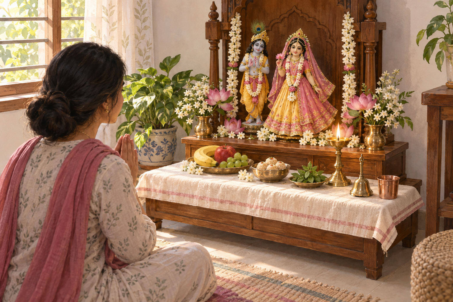 A devotee praying before a simple home altar with Radha-Krishna murtis, flowers, a lamp, fruit, tulsi leaves, and sweets.