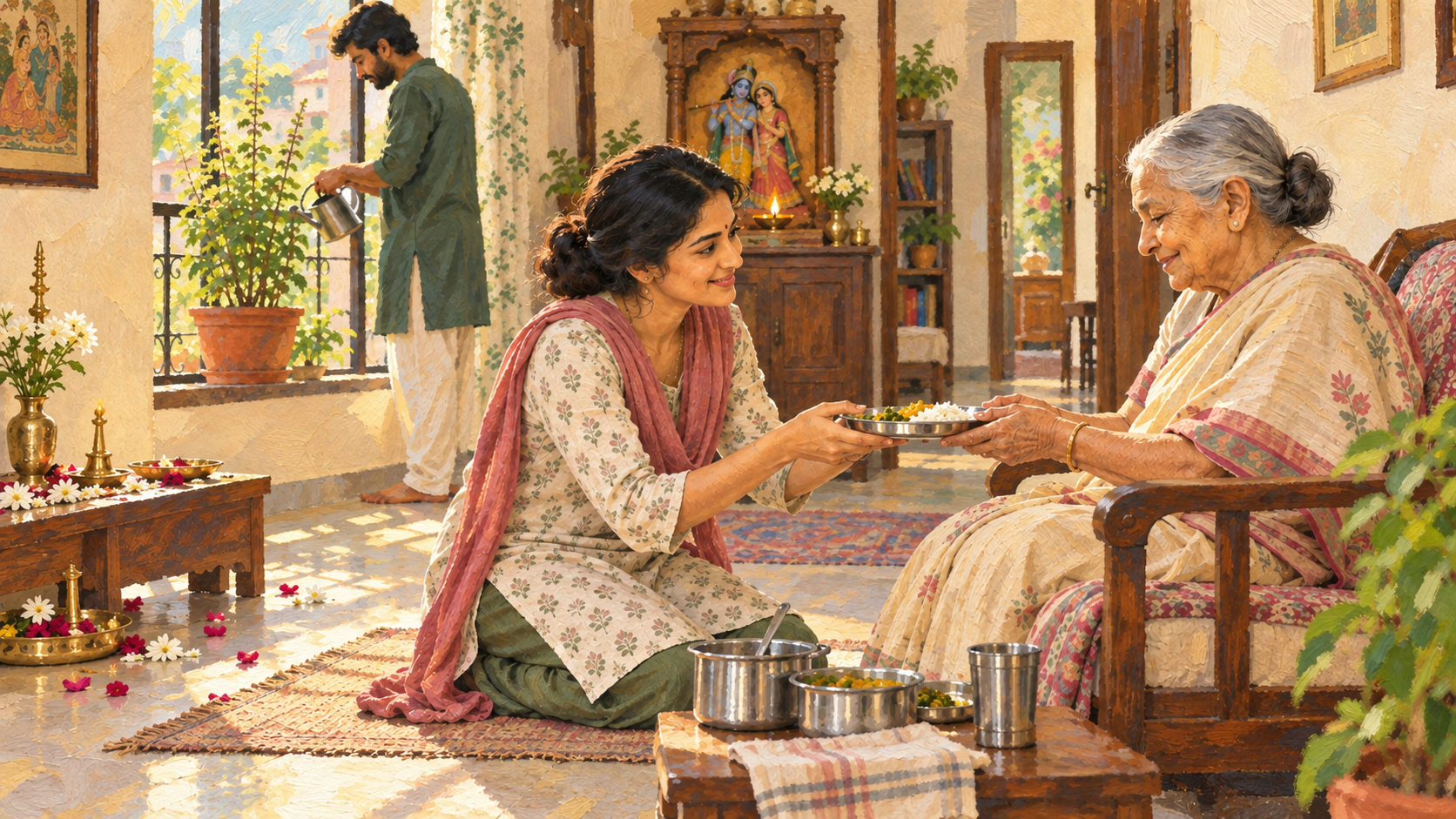 A person serves a meal to an elderly neighbour while a small Radha-Krishna altar glows in the background and a tulsi plant is watered nearby.