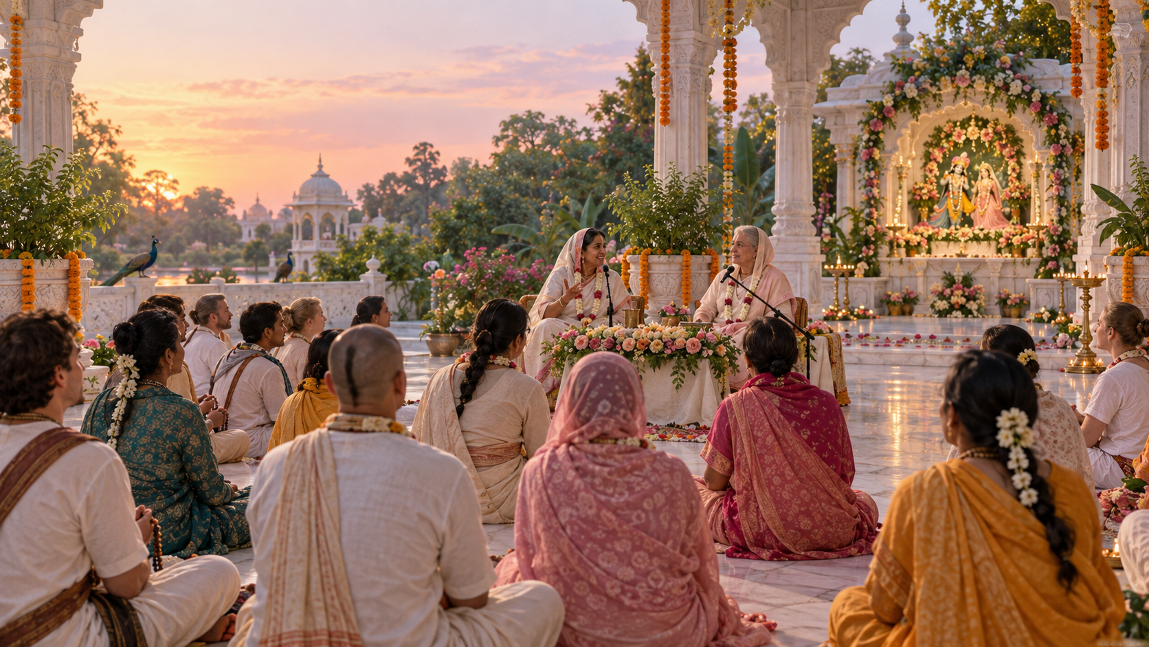 Devotees listen to two women speaking in a flower-decorated white marble temple courtyard in Vrindavan.