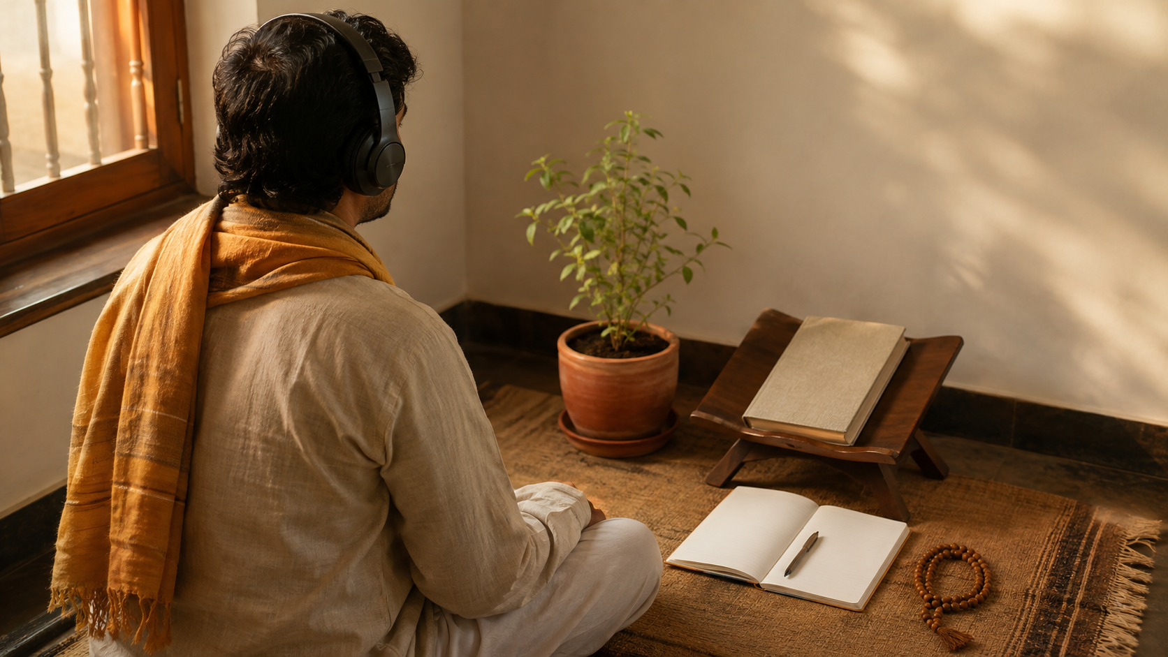 An anonymous listener wearing headphones studies at a desk with a blank notebook, an unmarked sacred book, prayer beads, and a potted tulsi plant.