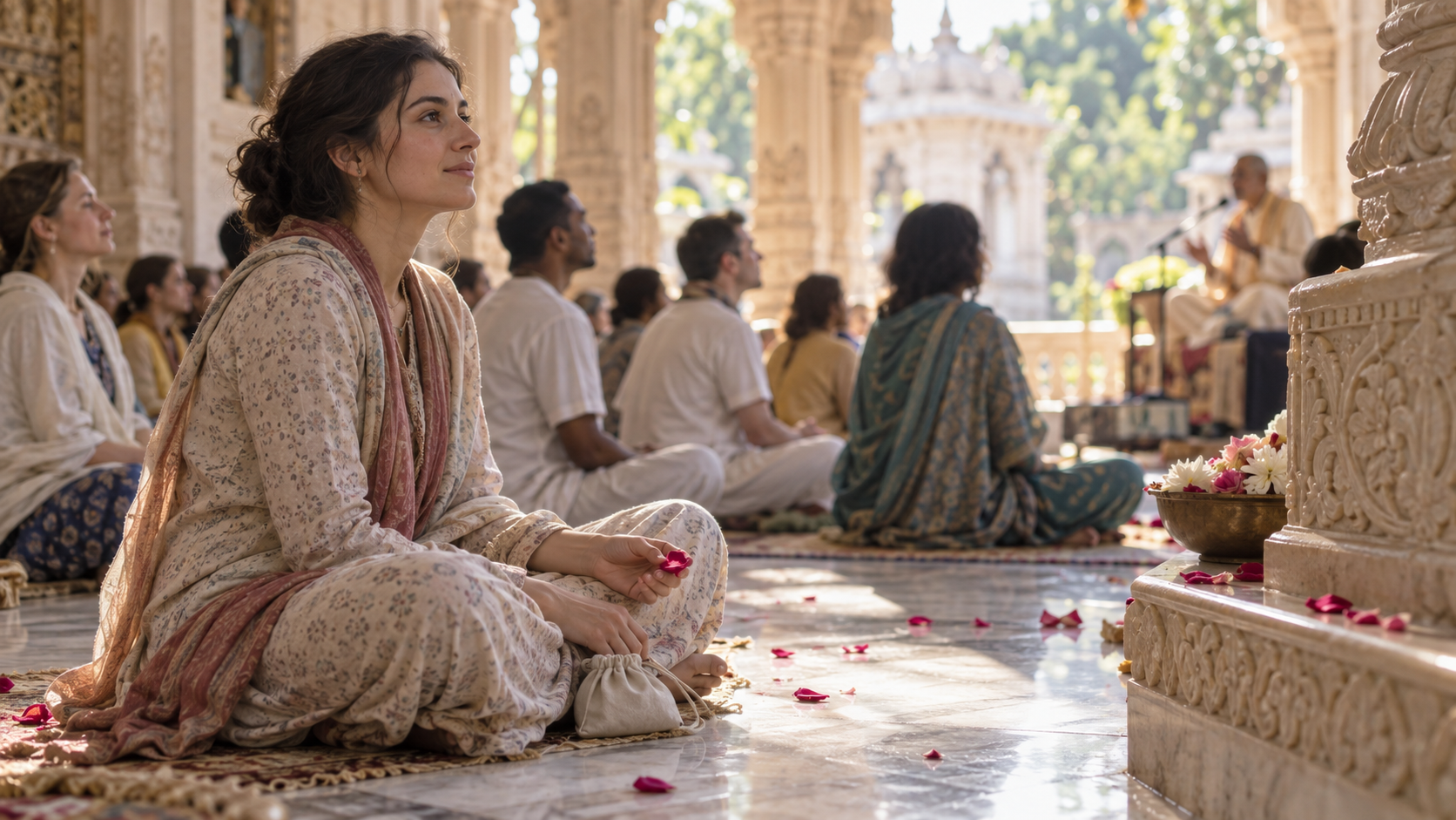 A seated devotee listens attentively in a sunlit temple hall with a bead bag and rose petal beside them.