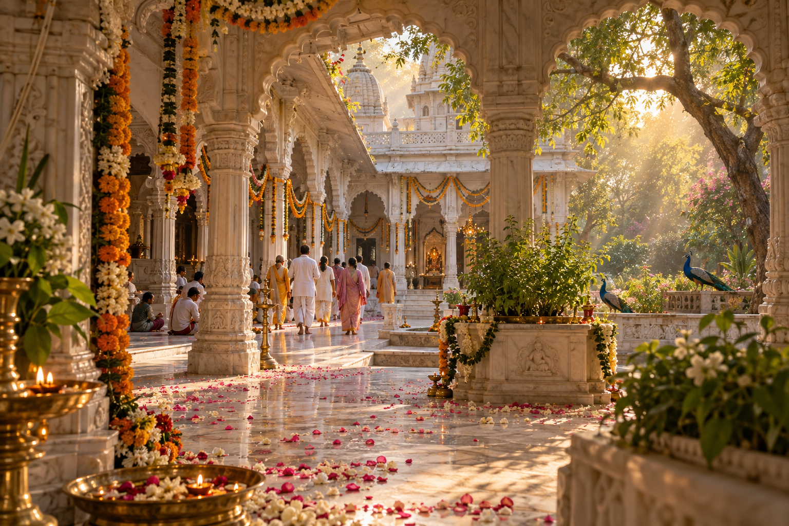 A flower-decorated white marble temple courtyard in Vrindavan with pilgrims, tulasi plants, and peacocks in warm afternoon light.