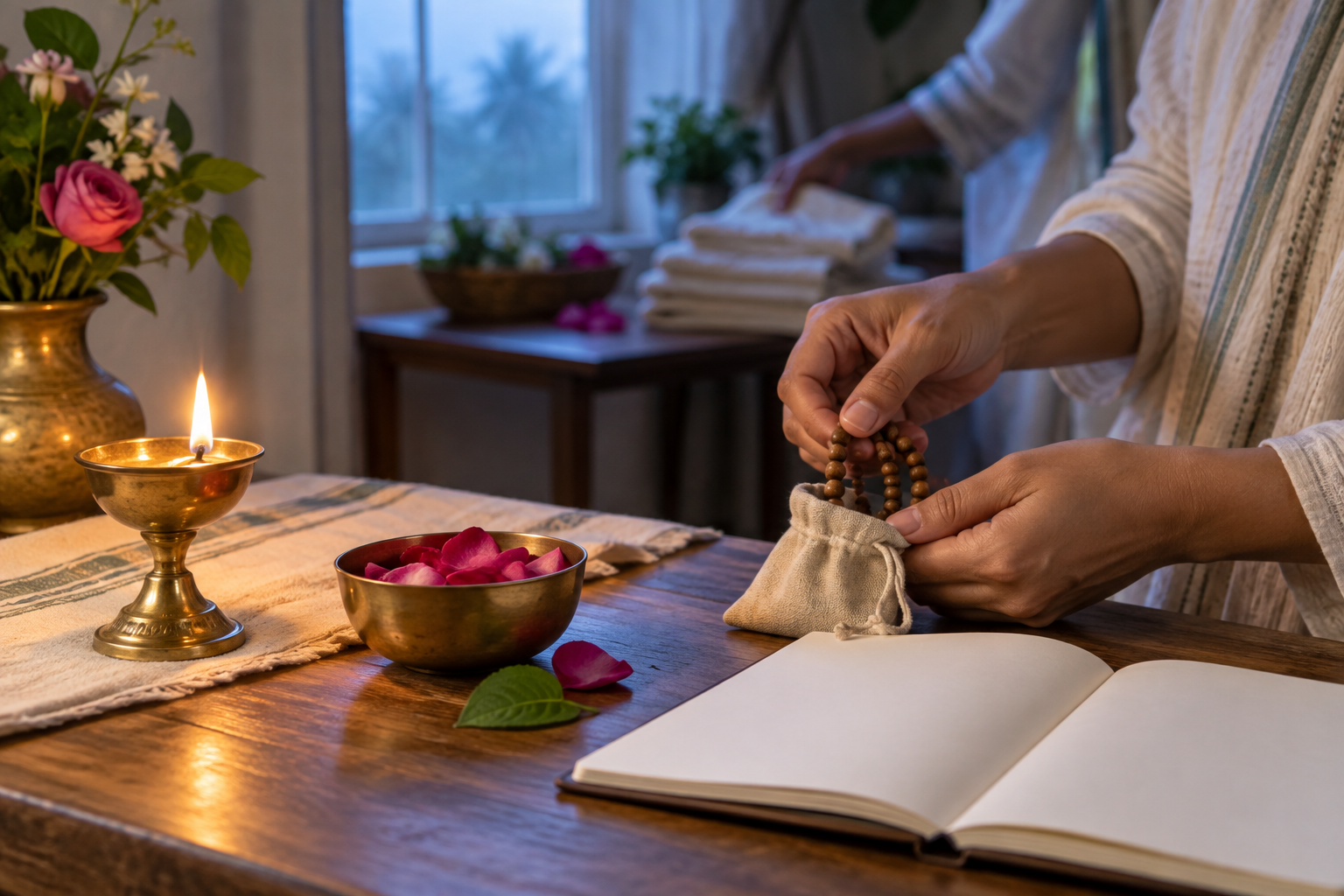 Hands prepare a home devotional space with prayer beads, a brass lamp, rose petals, tulasi, and a blank notebook.