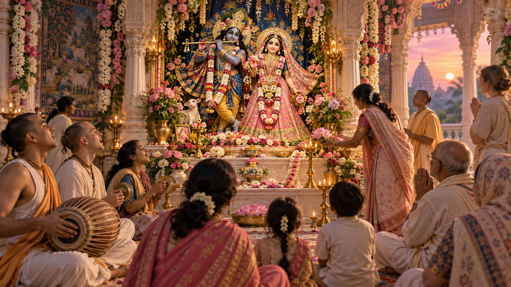 Devotees sing, pray and offer flowers before decorated deities of Srimati Radharani and Krishna in a temple at dawn.