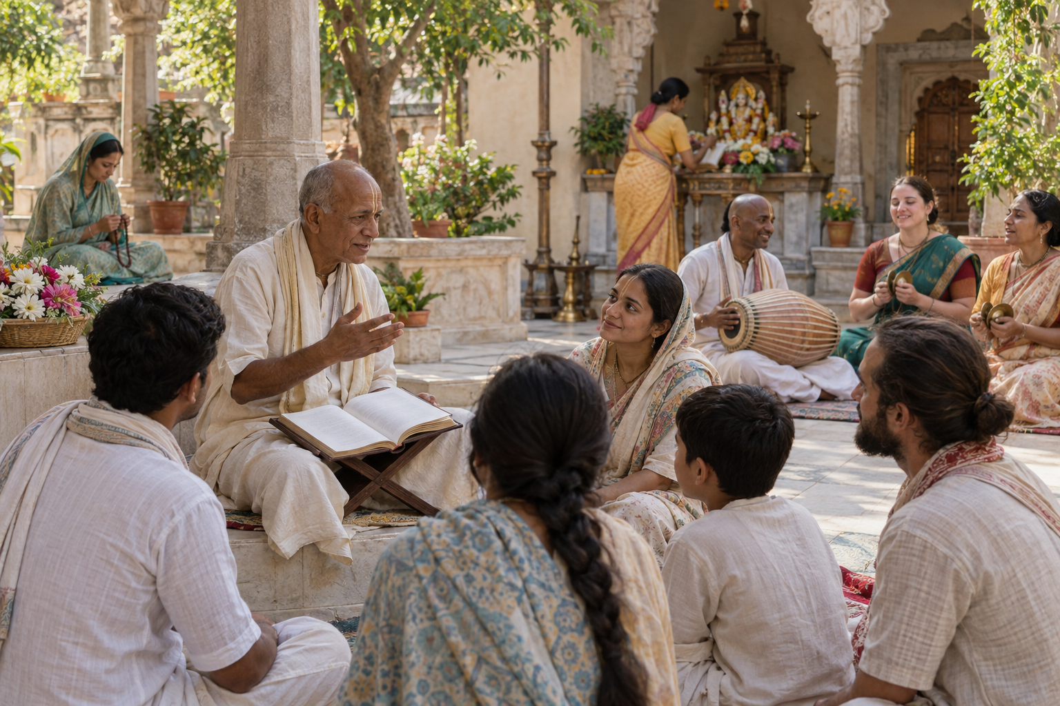 Devotees listen to a spiritual reading, sing kirtana, arrange altar flowers and pray with beads in a temple courtyard.