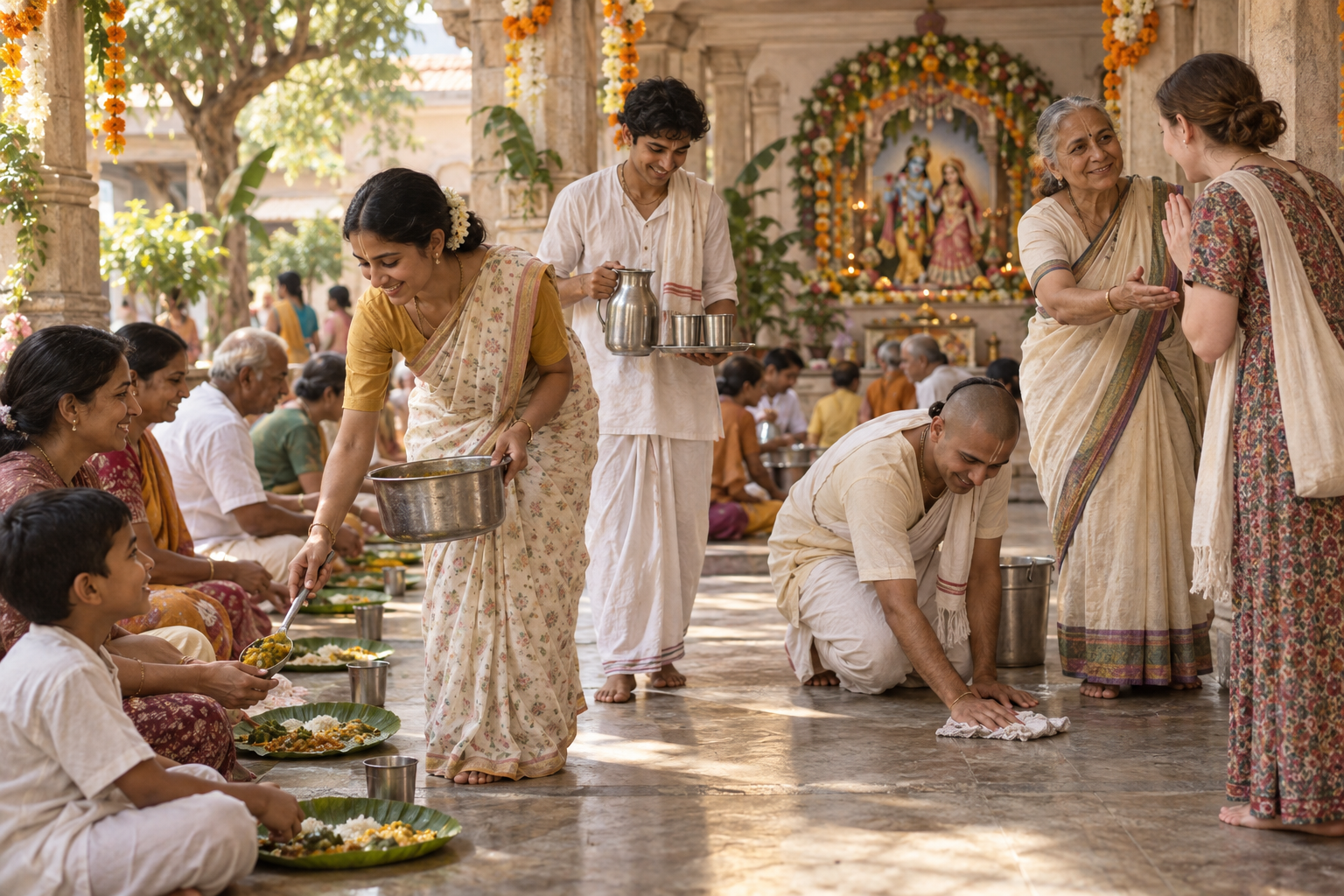 Volunteers serve food, carry water, clean and welcome visitors in a temple courtyard decorated for Radhastami.