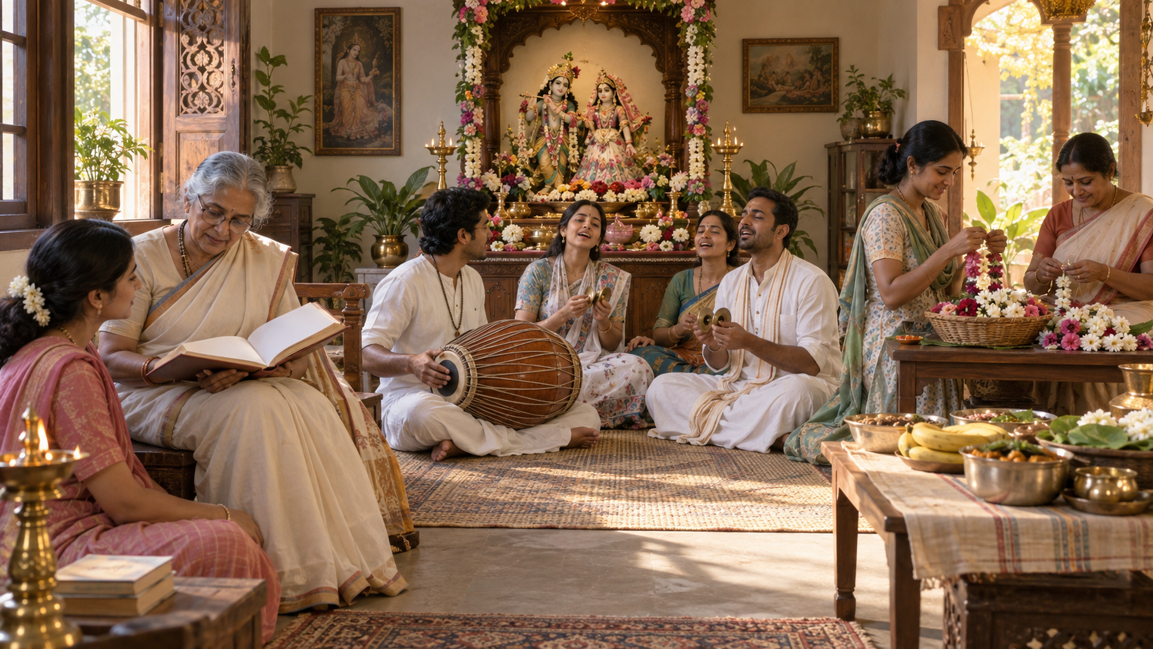 A devotee listens to a scripture reading while others sing kirtana and prepare flower garlands and food offerings in the same temple room.