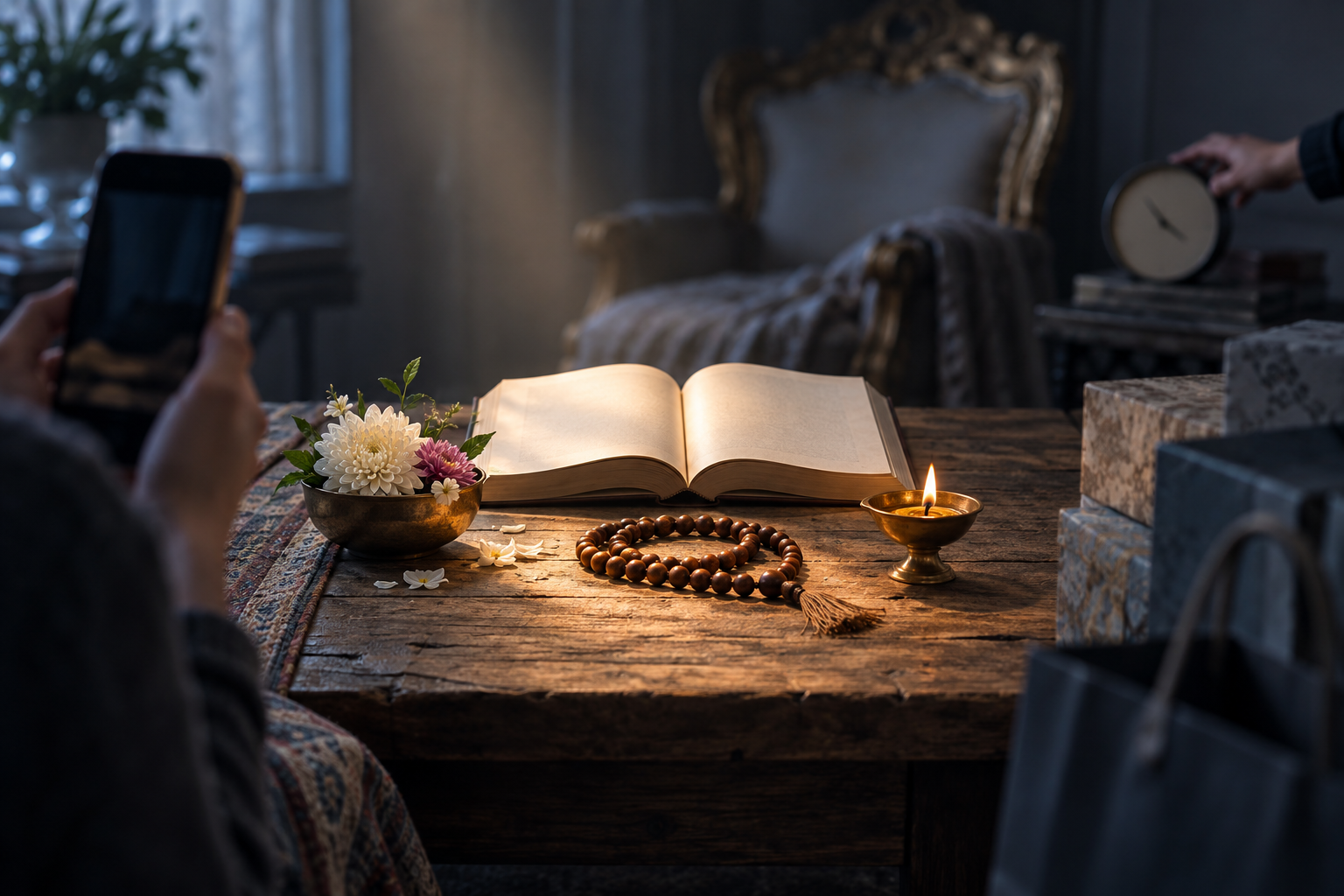 Prayer beads, flowers, an oil lamp and an open book are illuminated at the center of a table while a phone, packages, an ornate chair and a clock remain blurred at the edges.
