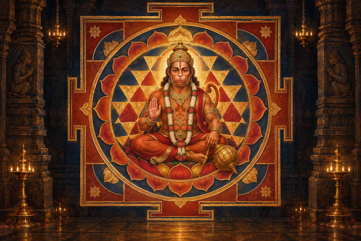 Hanuman sits in meditation at the center of a symmetrical yantra formed by interlocking triangles, lotus petals, and a square outer boundary.