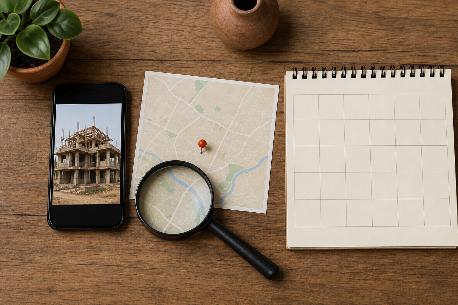 Overhead still life of a smartphone, blank calendar, unlabeled map, and magnifying glass arranged to symbolize checking a construction update.