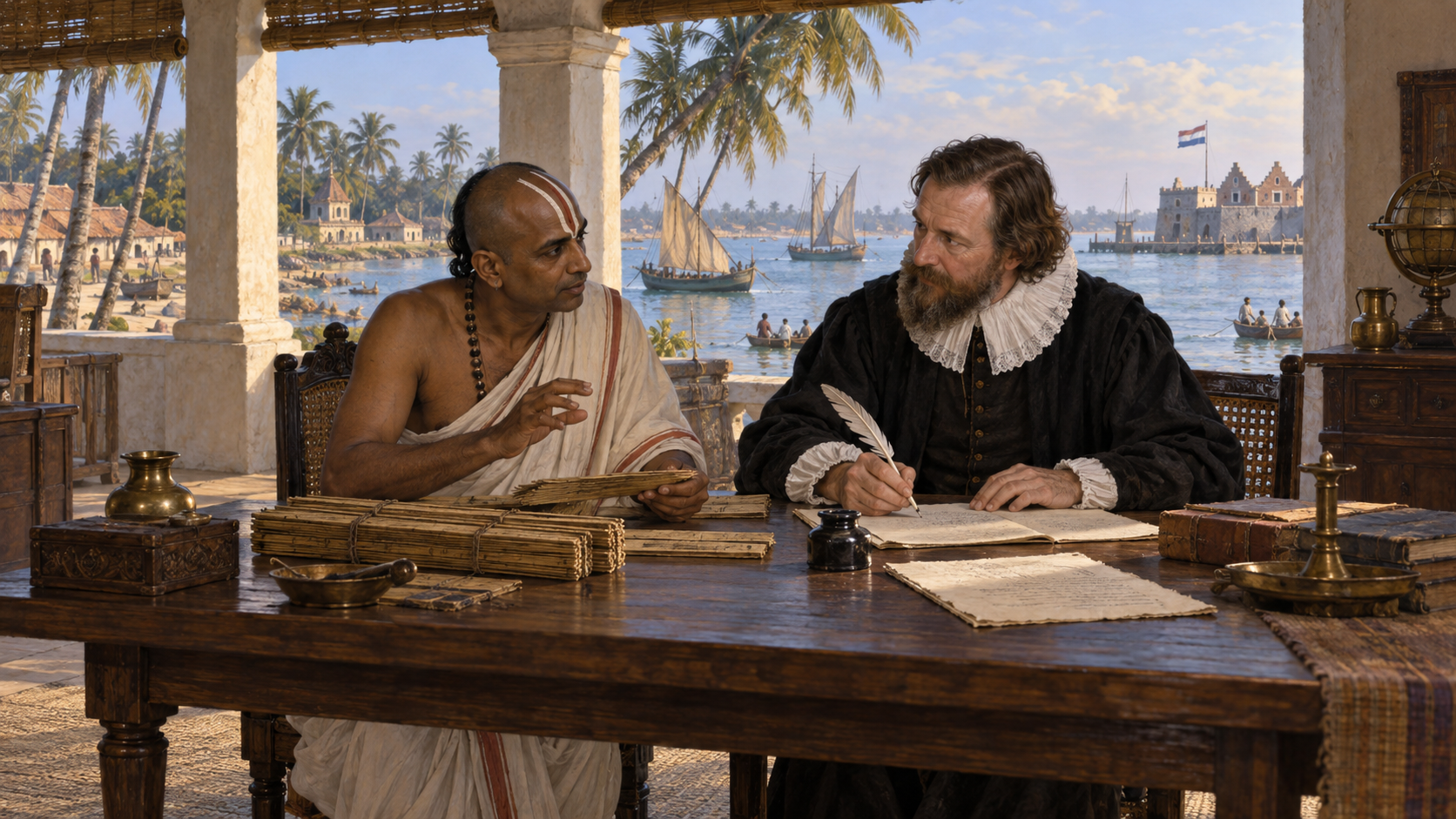A seventeenth-century Indian scholar and Dutch missionary confer over palm-leaf manuscripts and European writing materials in a coastal room overlooking Pulicat lagoon.