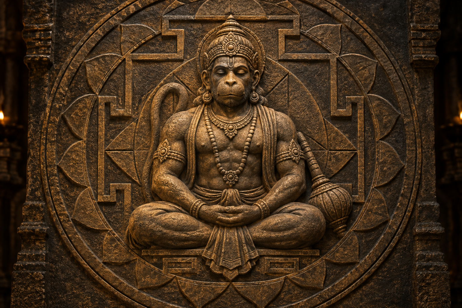 Close view of a seated Hanuman figure integrated into carved concentric yantra geometry.