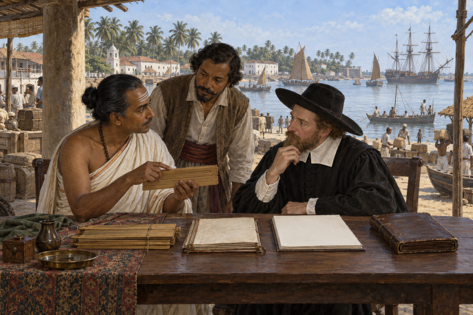 An Indian scholar explains a palm-leaf manuscript to a Dutch missionary at a table overlooking ships and buildings at seventeenth-century Pulicat.