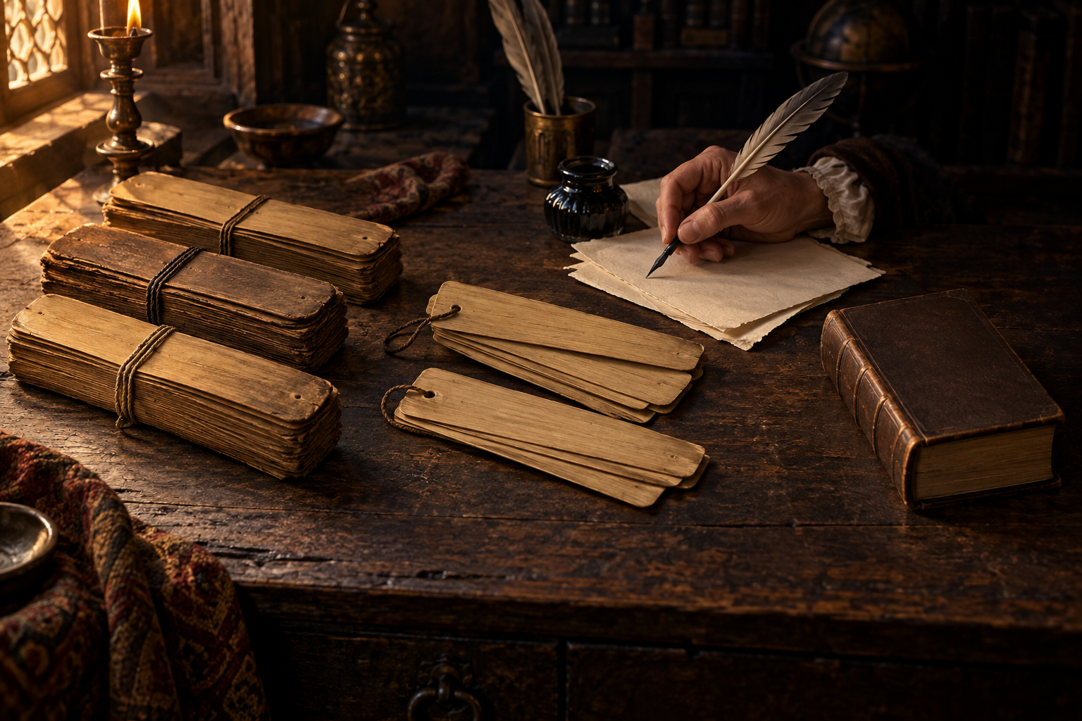 Three palm-leaf manuscript bundles narrow to a selected group of leaves and an unmarked European book on a dark wooden table.