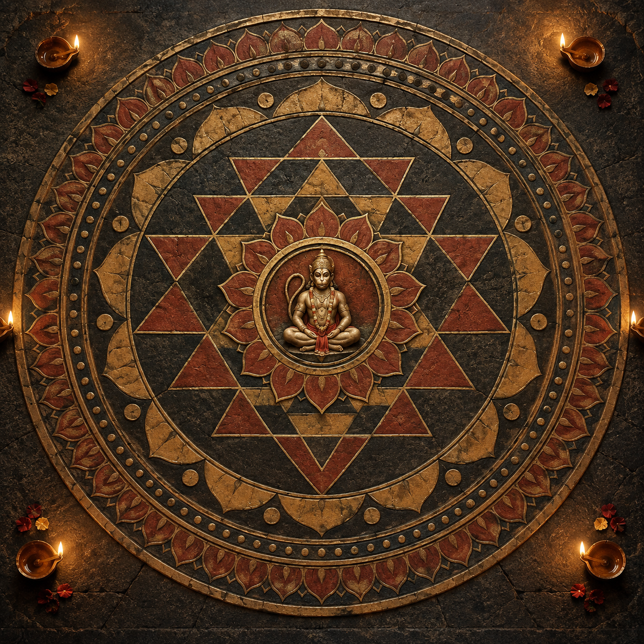 Concentric sacred geometry leading from a circular outer boundary to seated Hanuman at the center.