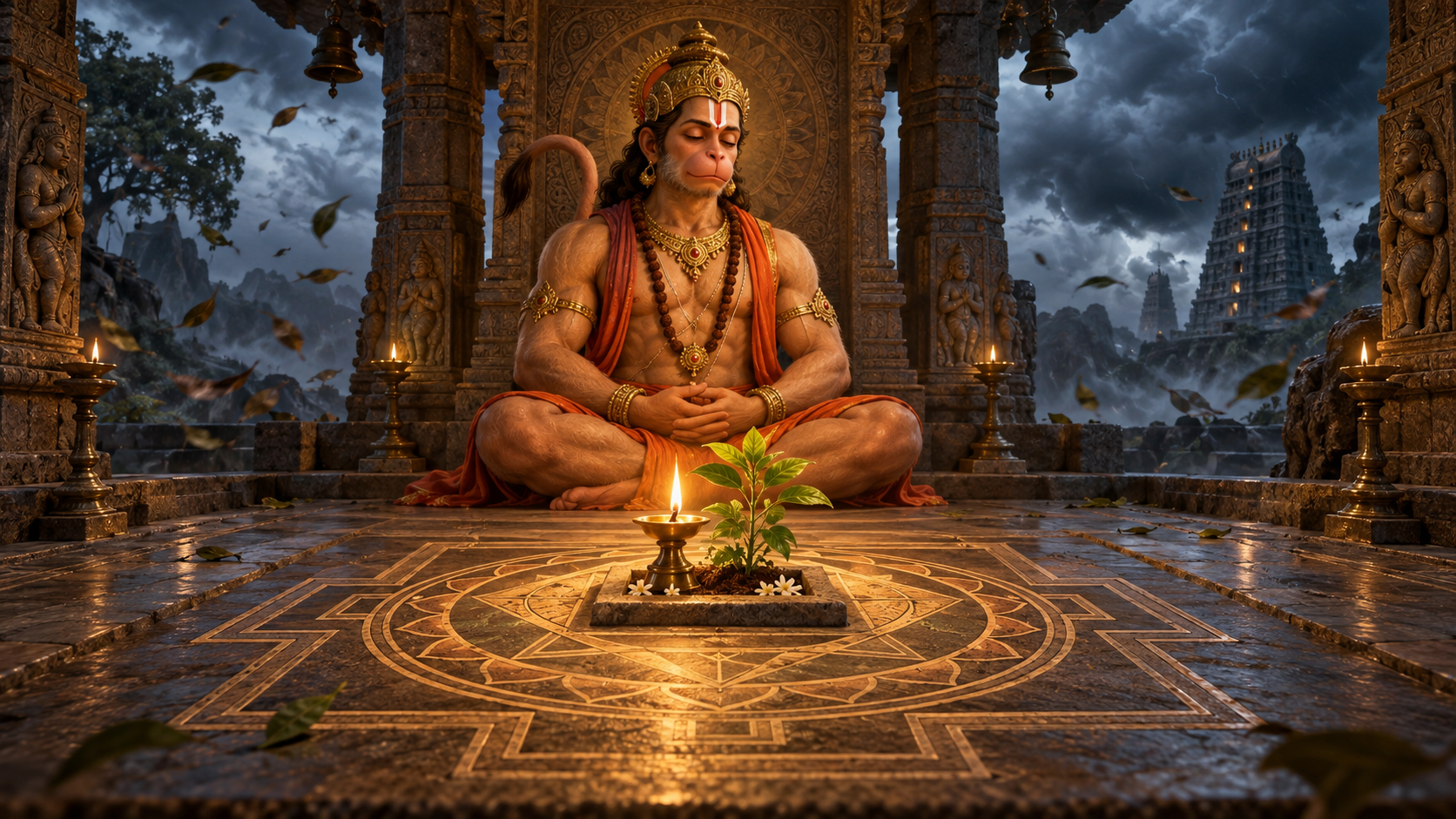 Meditating Hanuman within an ordered yantra sheltering a lamp and small plant from a windy exterior.