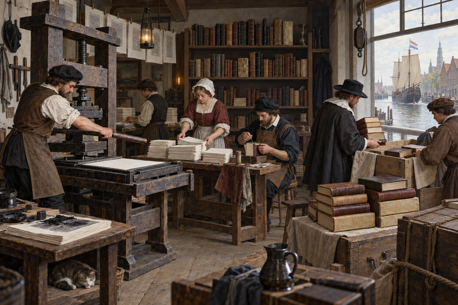 Workers operate a wooden printing press, bind plain books, and prepare volumes for shipment in a seventeenth-century Dutch workshop.