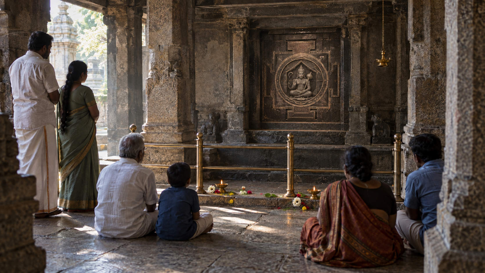 Visitors quietly observing a Hanuman shrine with integrated yantra geometry in a stone temple.