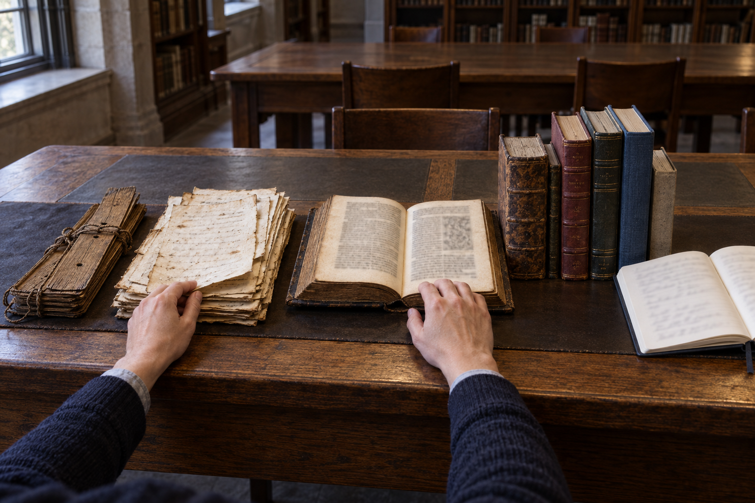 A researcher compares a palm-leaf manuscript, handwritten papers, an early printed book, and later bound editions arranged in sequence on a reading table.