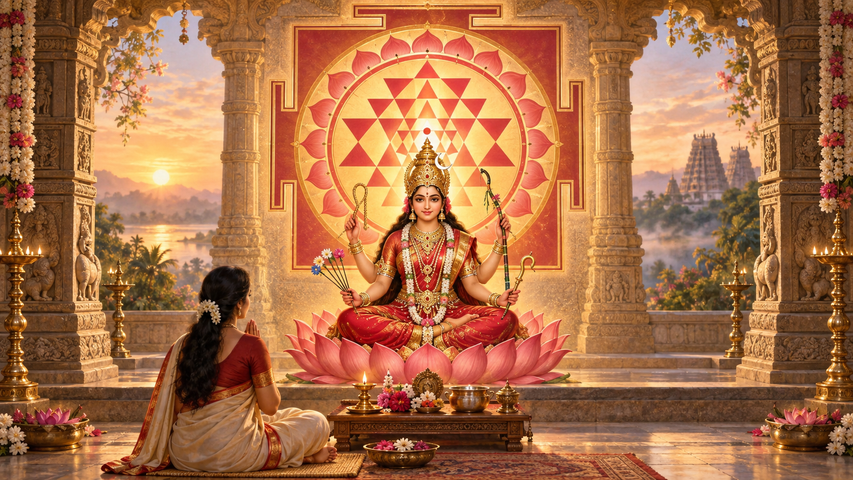 Lalita Tripura Sundari sits before a radiant Sri Yantra while a practitioner meditates at a simple lamp-and-flower altar.