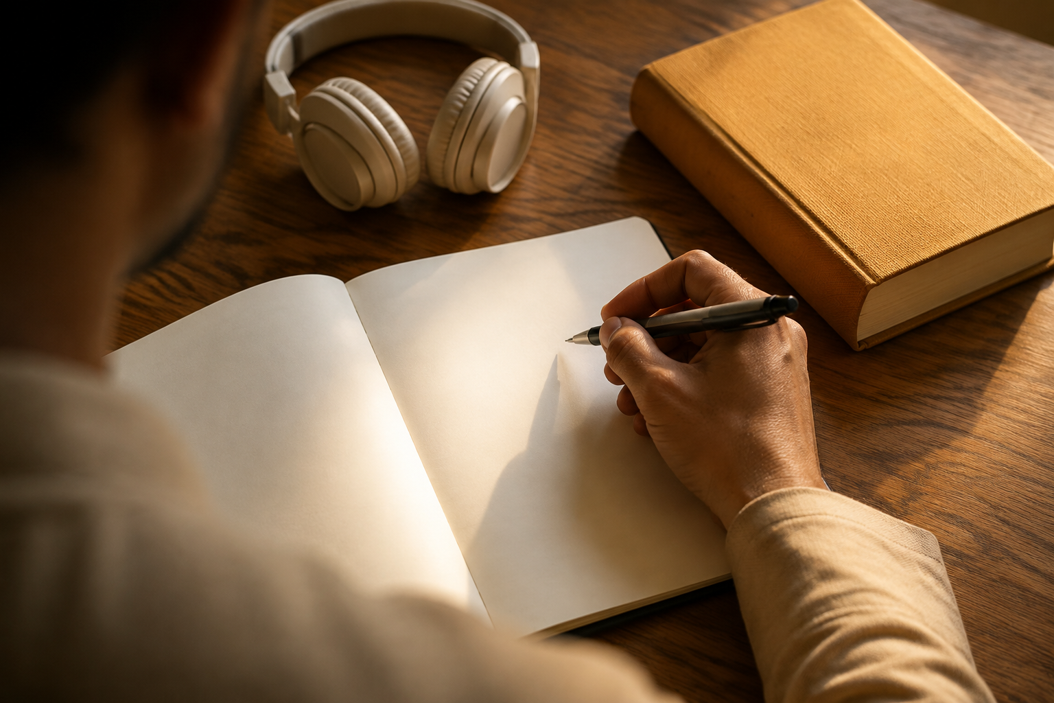 A listener holds a pen above a blank notebook beside headphones and a closed sacred volume before beginning a study session.