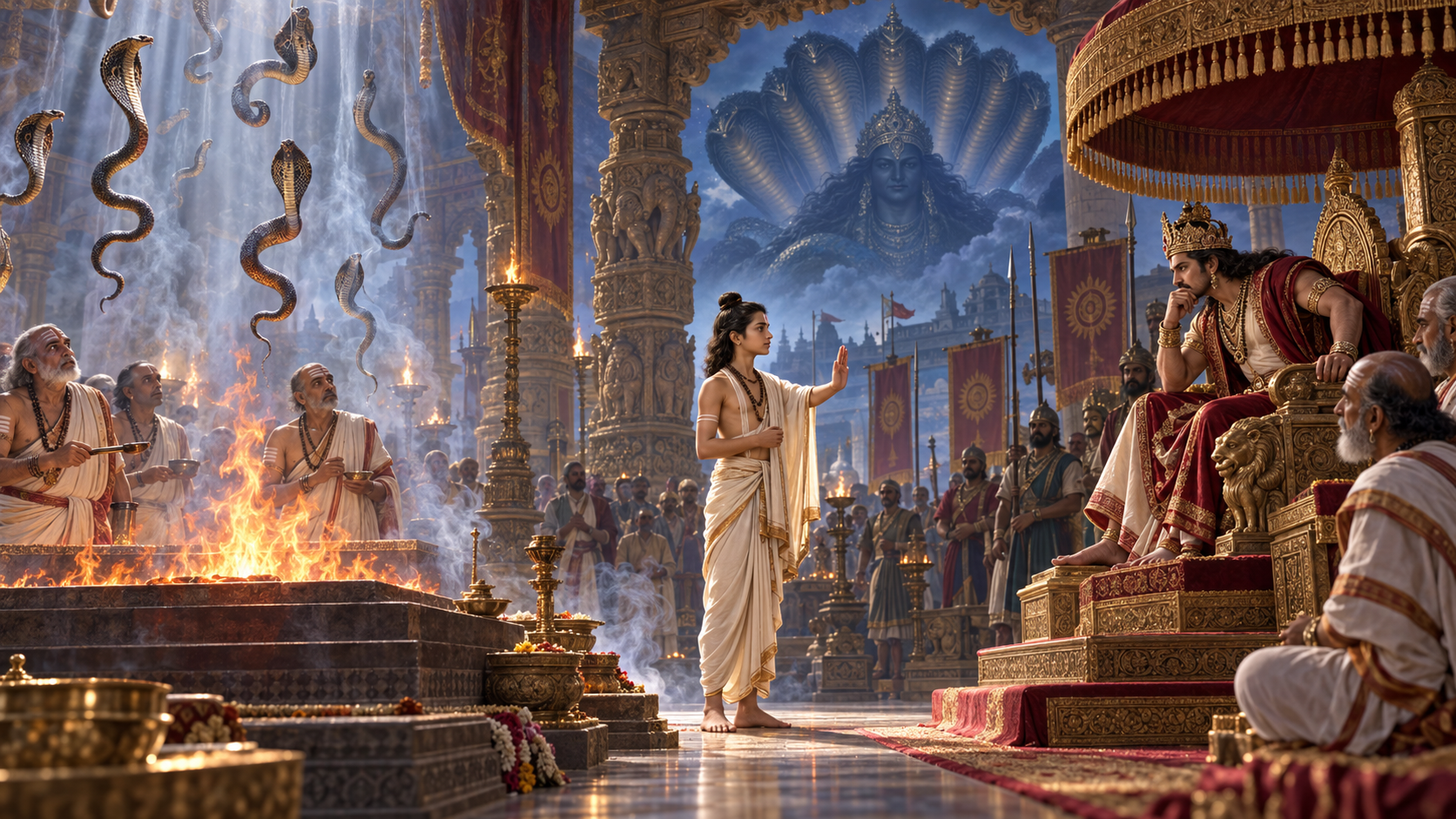 Astika raises his hand before King Janamejaya as priests pause the serpent sacrifice and serpents remain suspended above the fire altar.
