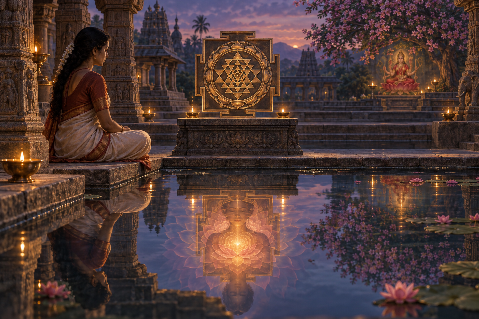 A seated practitioner contemplates a Sri Yantra beside a still pool whose reflection becomes layers of lotus-shaped light.