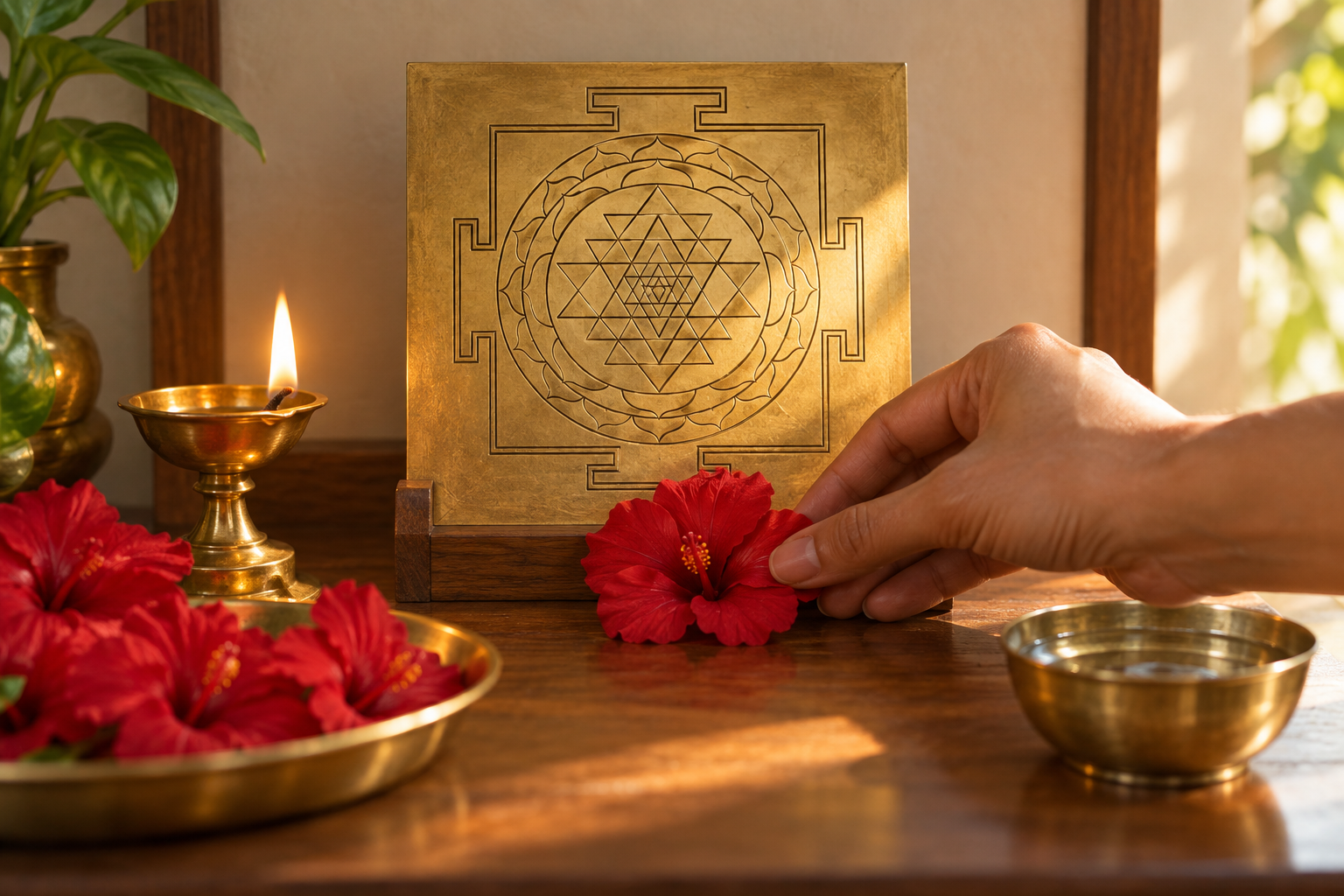 Hands place a red flower beside a lit oil lamp, water bowl, and Sri Yantra on a simple home altar.