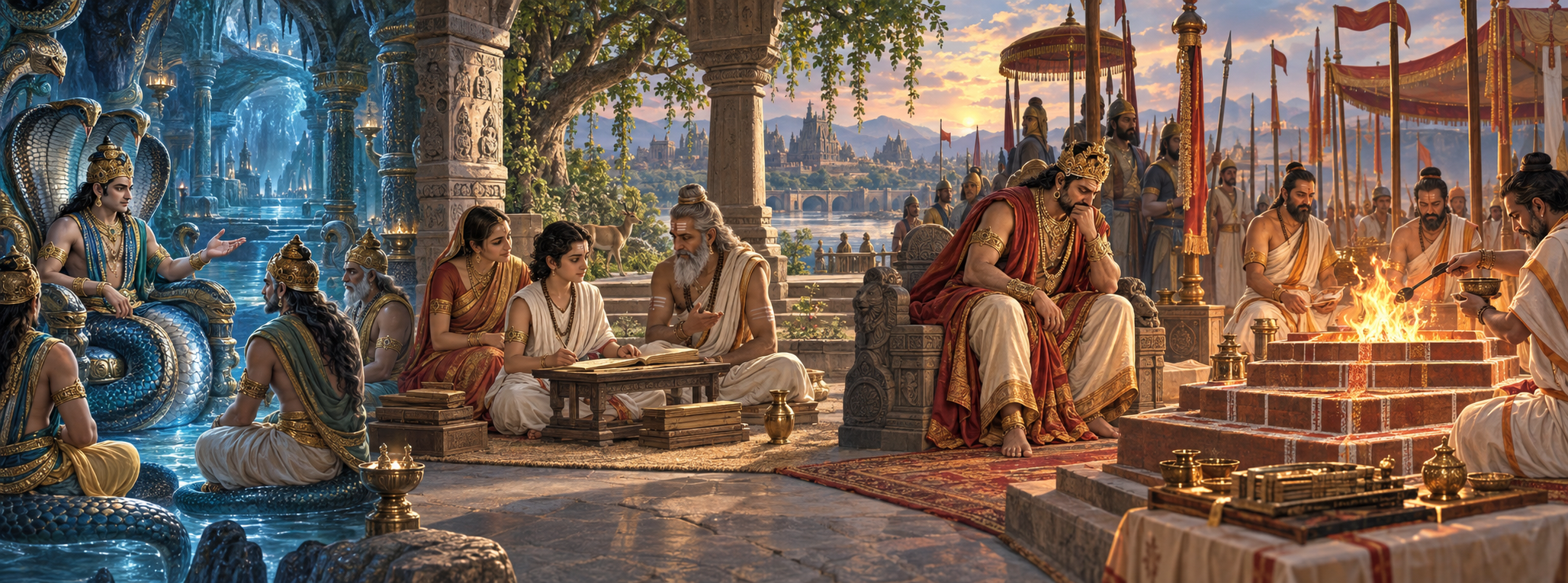 A panoramic illustration shows Vasuki planning with naga elders, Astika studying, Janamejaya at court, and priests tending a sacrificial altar.