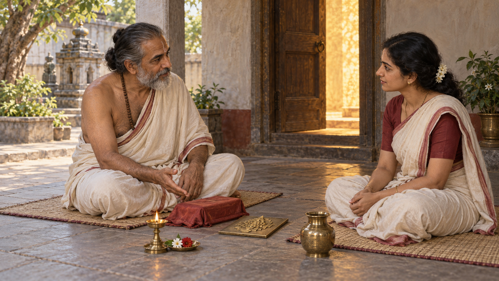 A Sri Vidya teacher and adult student sit together beside a covered teaching bundle, an oil lamp, and a small Sri Yantra.
