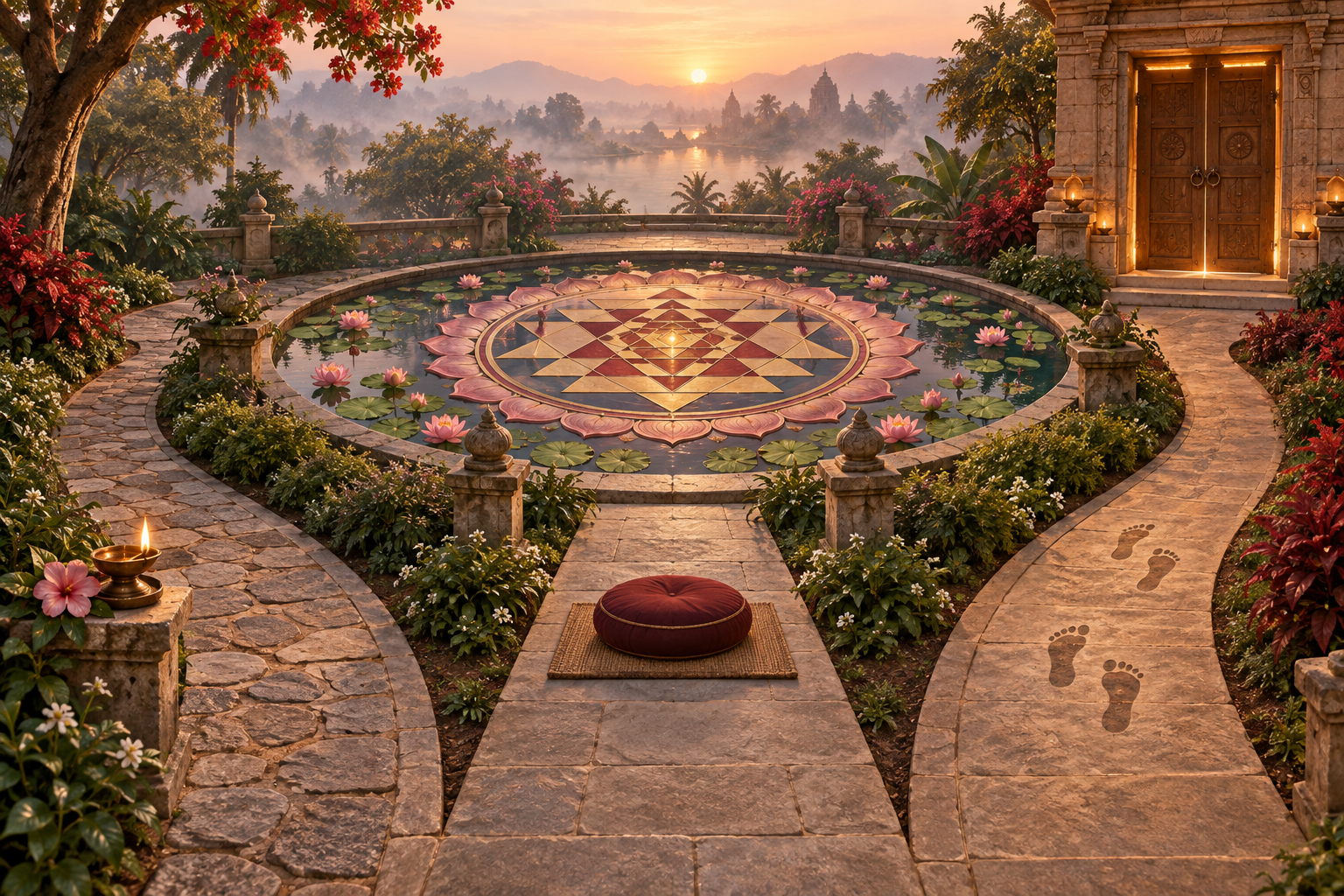 Three garden paths marked by a lamp and flower, a meditation cushion, and paired footprints converge near a lotus pool with a Sri Yantra.