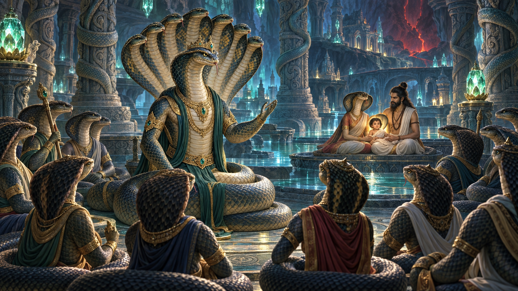 Vasuki addresses naga elders in an underground court while his sister and the ascetic Jaratkaru hold the infant Astika nearby.