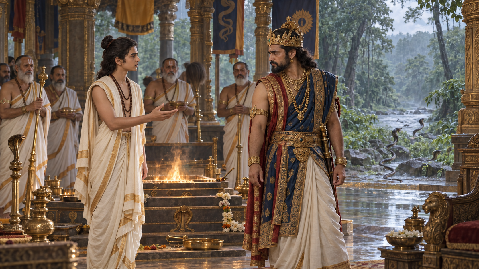 Astika speaks beside the altar as Janamejaya lowers his hand, the priests pause, and serpents retreat safely toward the forest.