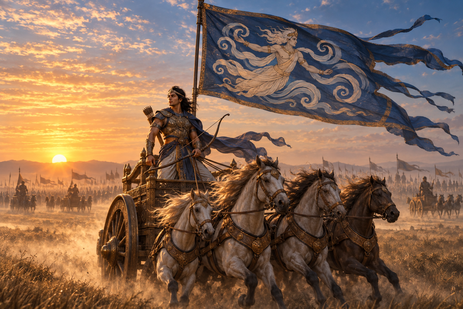 Sutasoma stands in a war chariot beneath a wind-blown banner bearing a pictorial emblem of Vayu on the plain of Kurukshetra.