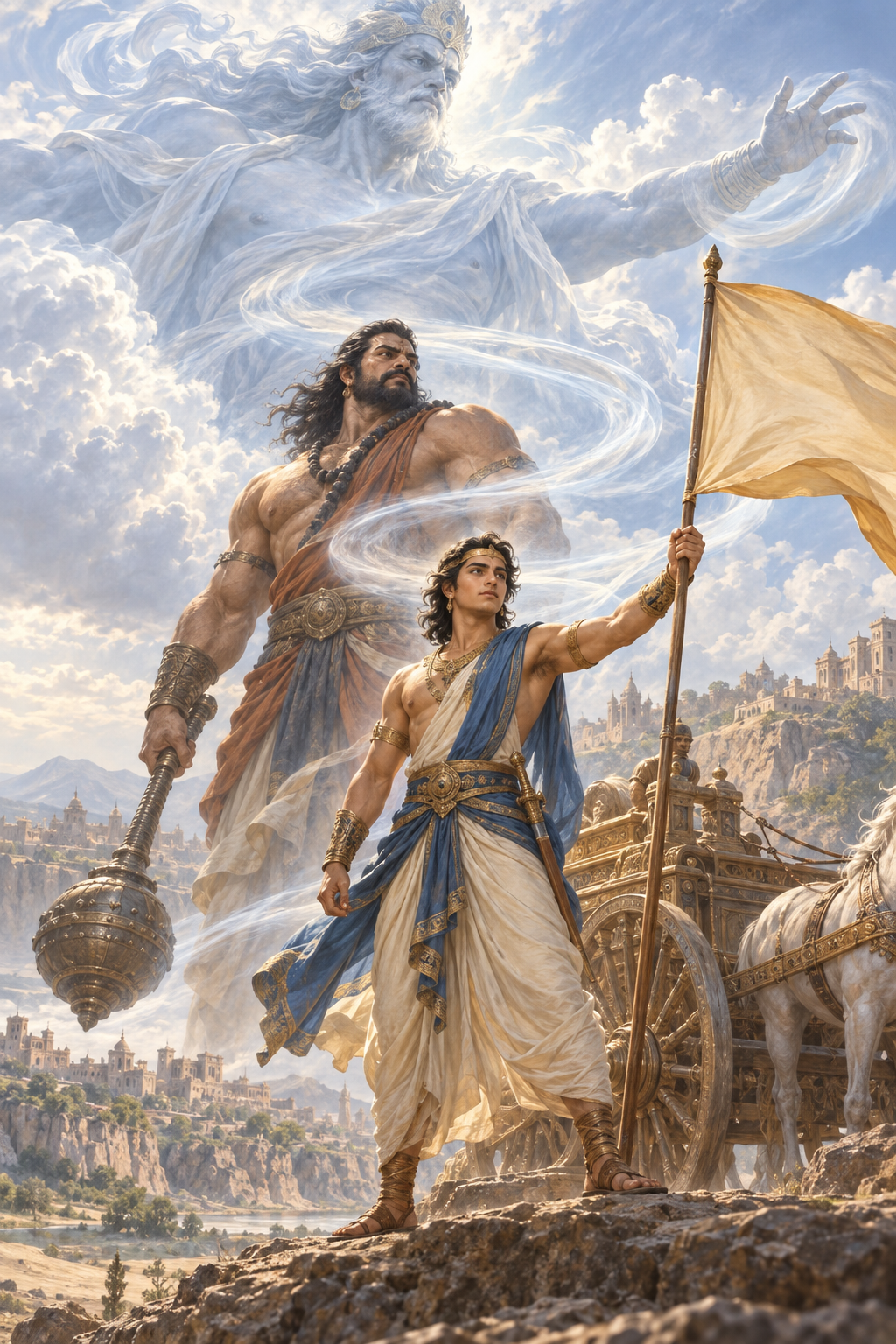 Sutasoma stands before Bhima while a translucent wind deity rises behind them and a current of air connects all three figures to a banner.