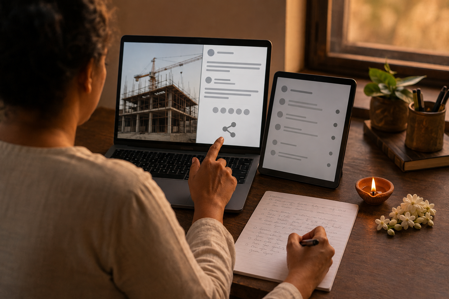 A person at a home desk pauses before sharing a temple construction image while comparing information on two devices and taking notes.