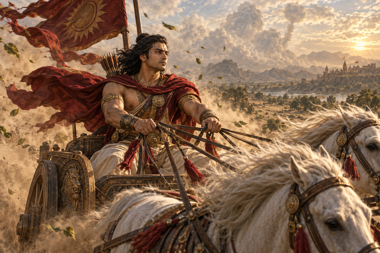 Wind drives Sutasoma's banner, cloak, horses' manes, leaves, and dust as a faint mace-bearing figure appears in the clouds behind him.