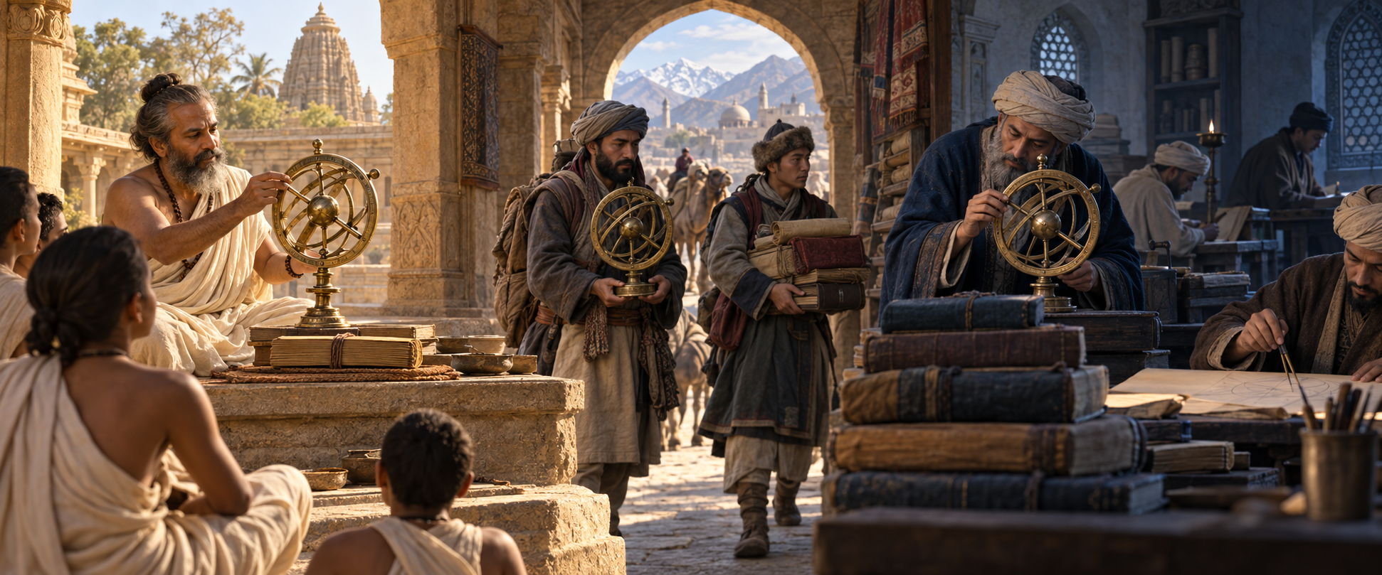 Scholars and travelers pass a brass celestial instrument through several historical settings while its original manuscript bundle recedes into shadow.