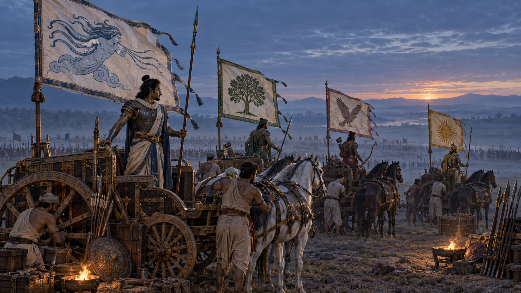 Several warriors prepare chariots beneath different pictorial banners, with Sutasoma's wind-emblem banner closest to the viewer.
