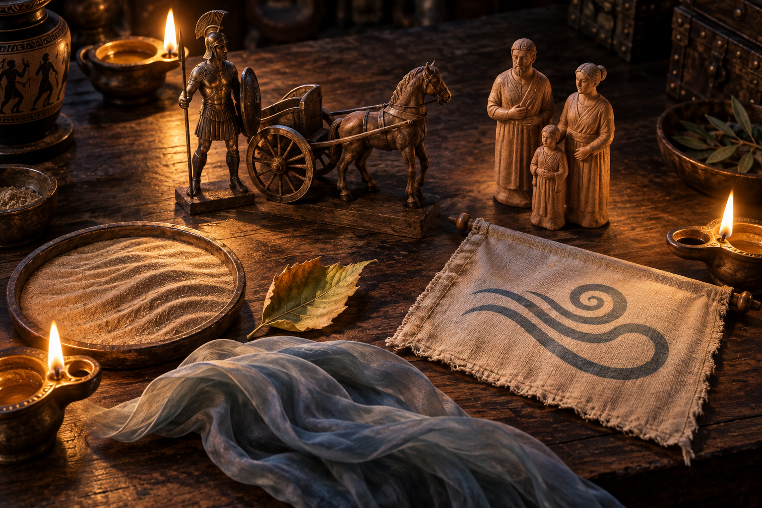 A warrior model, family figurines, a wind-emblem banner, and wind-stirred natural objects are arranged in four pools of lamplight on a wooden surface.