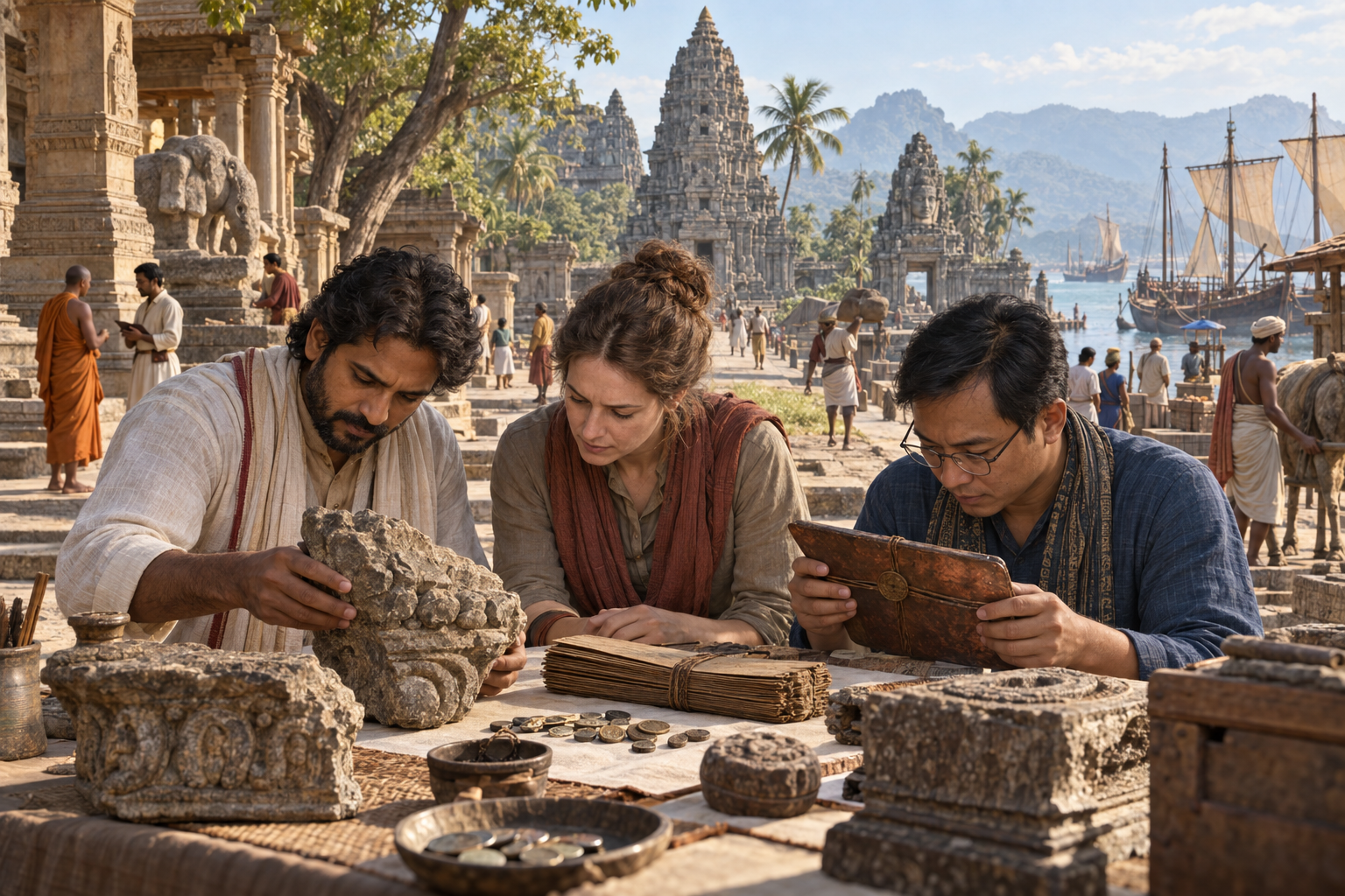 Historians examine stone, copper, manuscript, coin, and architectural evidence in a setting linking temples and a trade port.