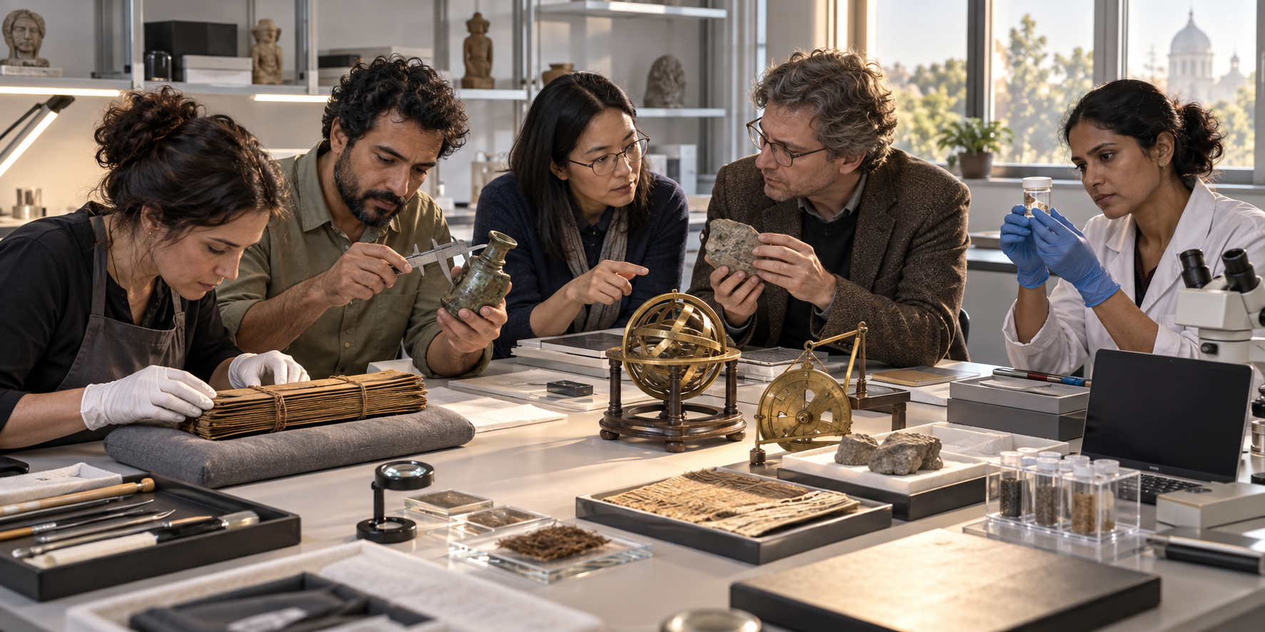 Researchers in a conservation studio compare manuscripts, artifacts, scientific instruments, and material samples using several verification methods.