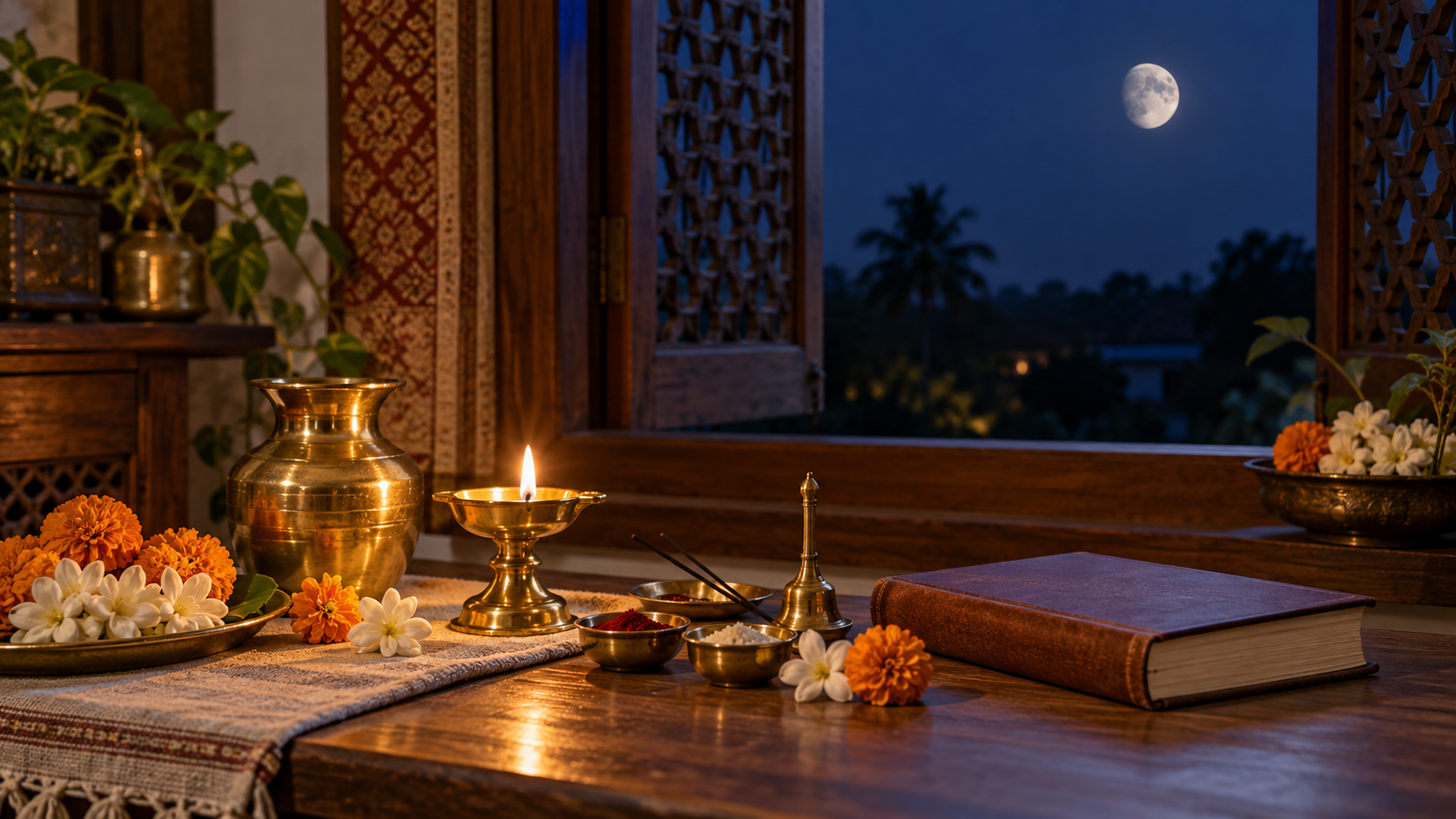 A brass oil lamp, kalash, flowers, and closed almanac sit beside a window under a bright waning Moon.