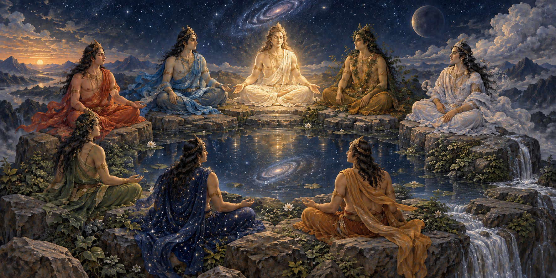 Eight divine figures form a balanced circle in a celestial landscape, with one figure casting a gentle white-gold radiance across the group.